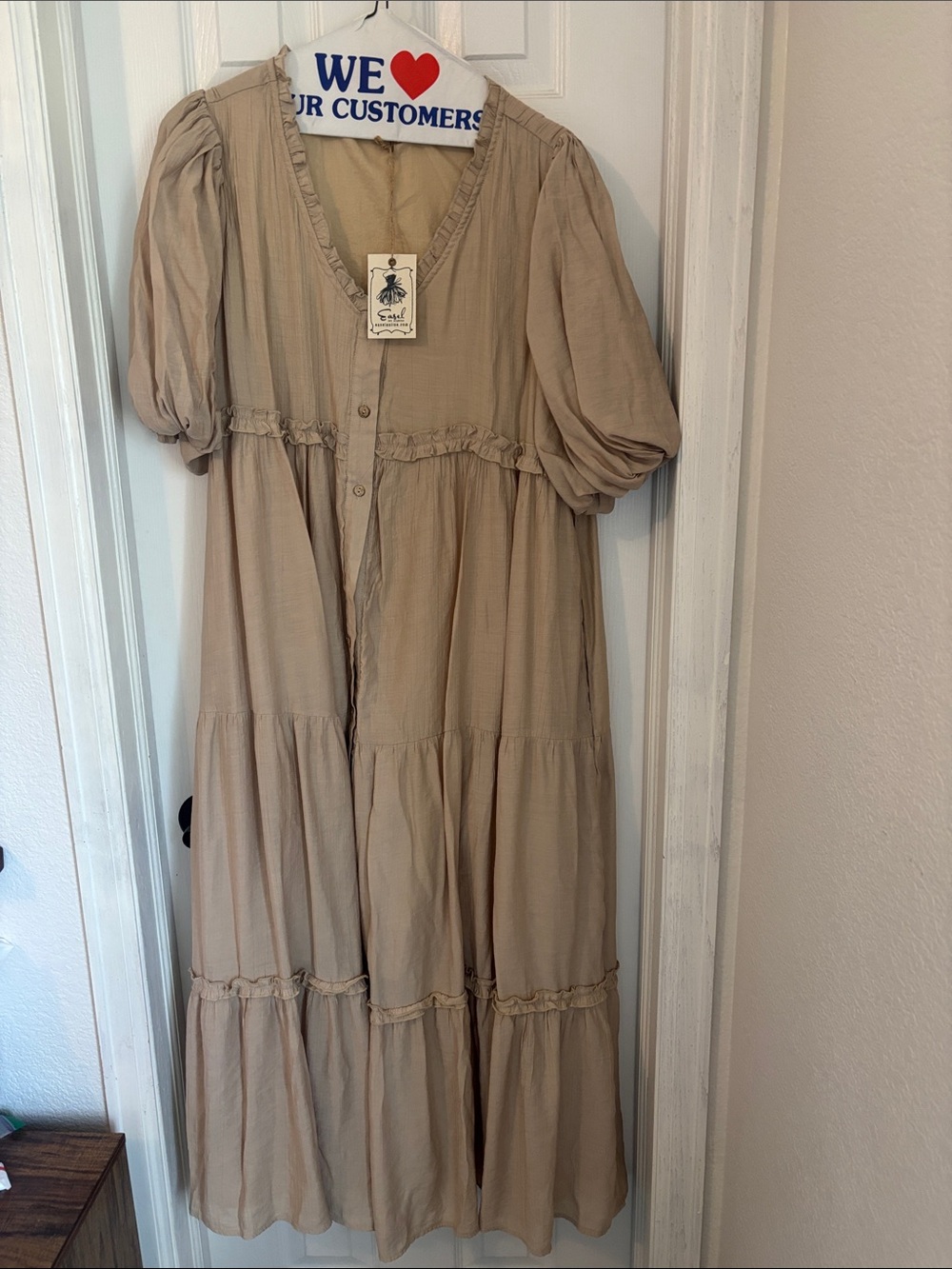 easel Taupe Beige Tiered Puff-Sleeve Maxi Dress